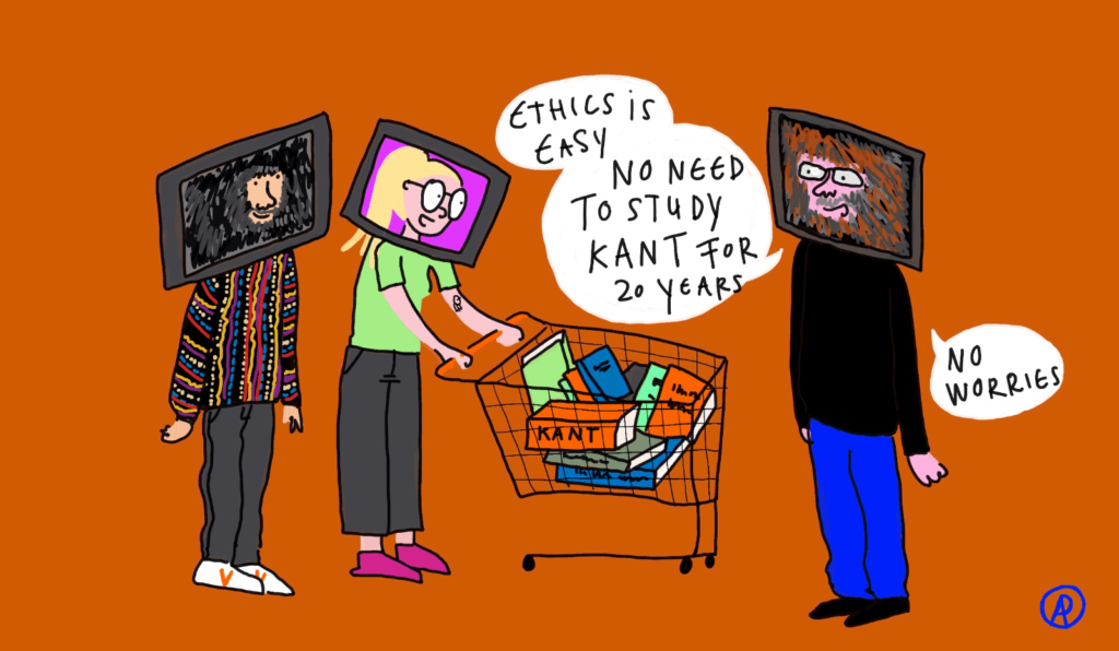 Een tekening van Charlie die aan Astrid en Vasilis vertelt dat je geen kant hoeft te hebben gestudeerd om iets over ethiek te mogen zeggen